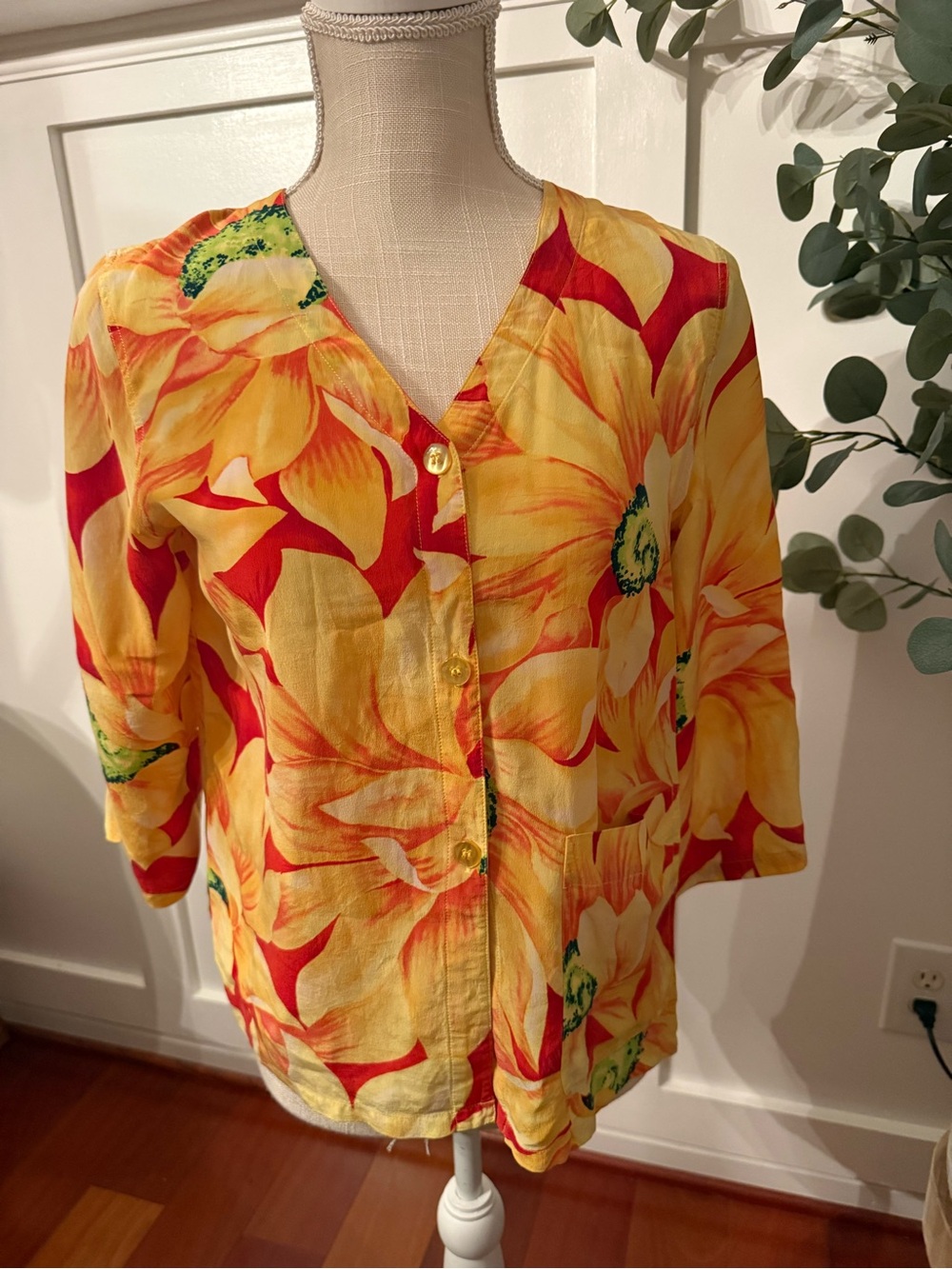 Diane Gilman Bright Yellow Floral Button-Front Women’s Top 100% Silk S